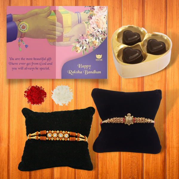BOGATCHI 3Heart Chocolate 2 Rakhi Roli Chawal and Greeting Card A | Rakhi with Chocolates |  Rakhi Chocolates Gifts